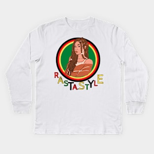 woman of Rastafari culture accompanied by multicolored writing Kids Long Sleeve T-Shirt